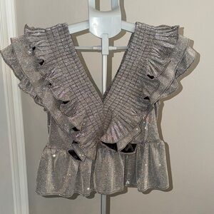 Lavish Boutique Shimmering Silver Ruffle Top